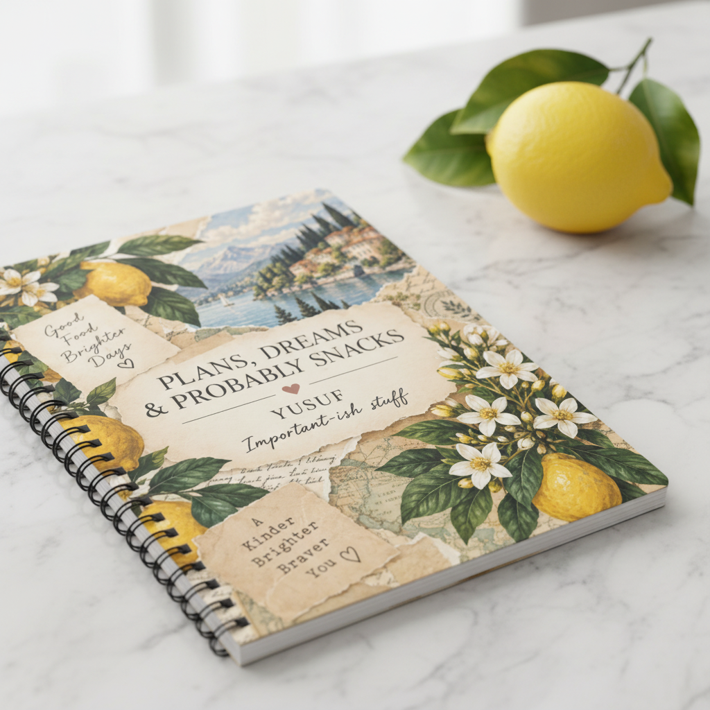 Zoomed-in premium mockup of the lemon notebook cover on marble