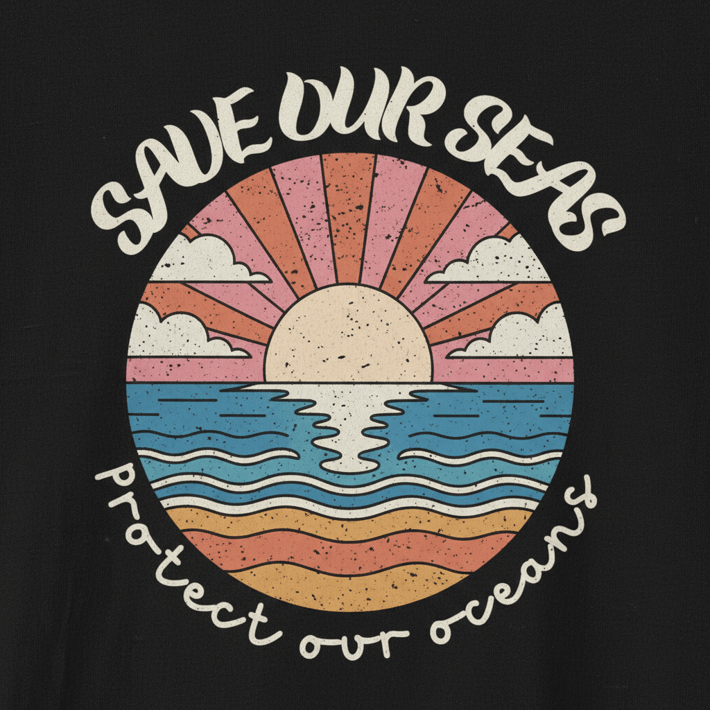 Save Our Seas T-Shirt | Retro Sunset Ocean Conservation Tee UK - AlleyCrafters