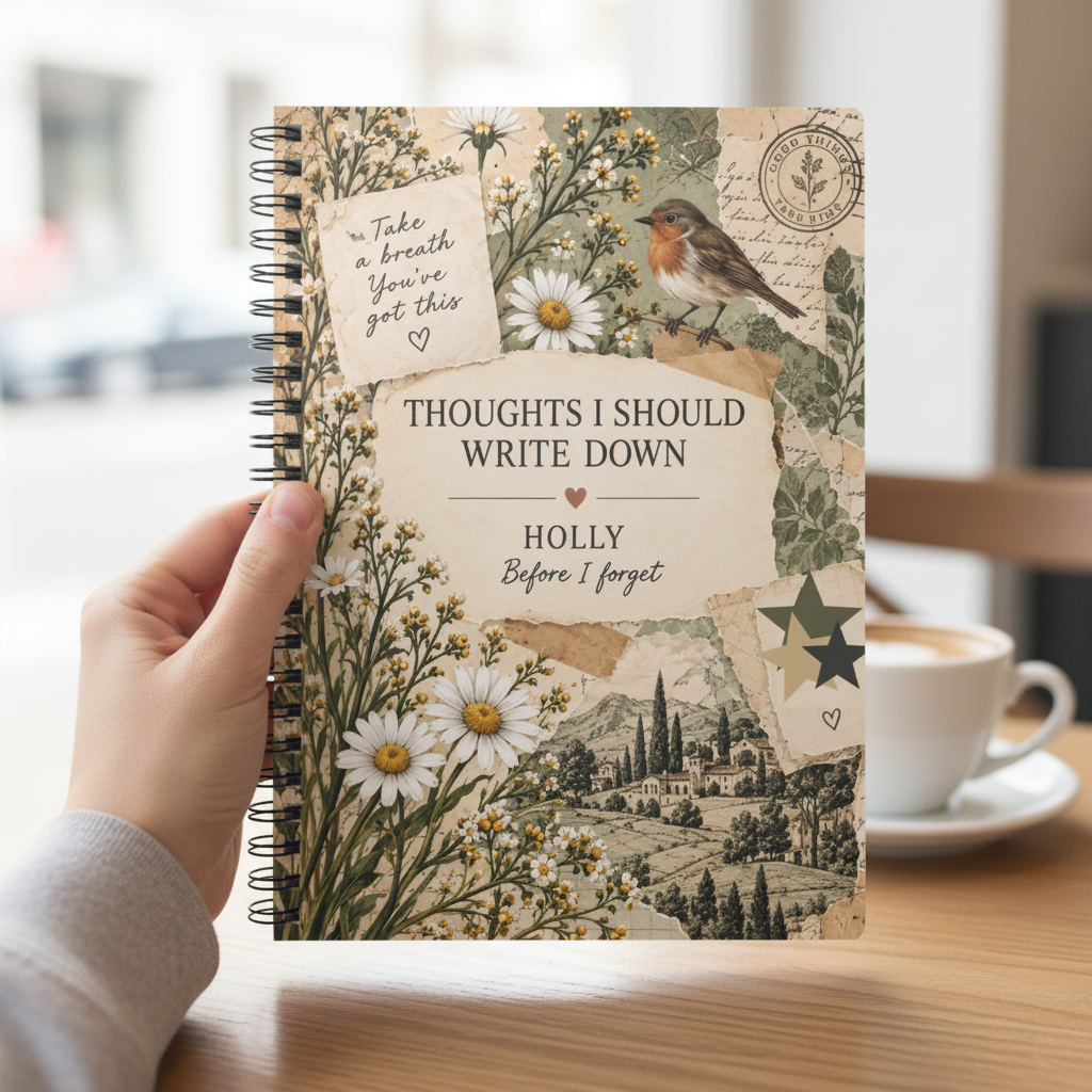 Zoomed-in UGC mockup of the Holly notebook at a cafe