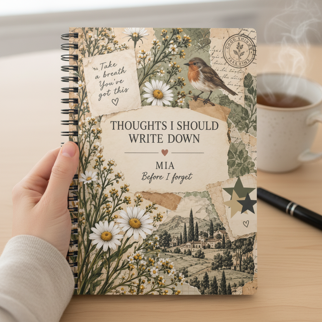 Zoomed-in UGC mockup of the Mia notebook at a desk
