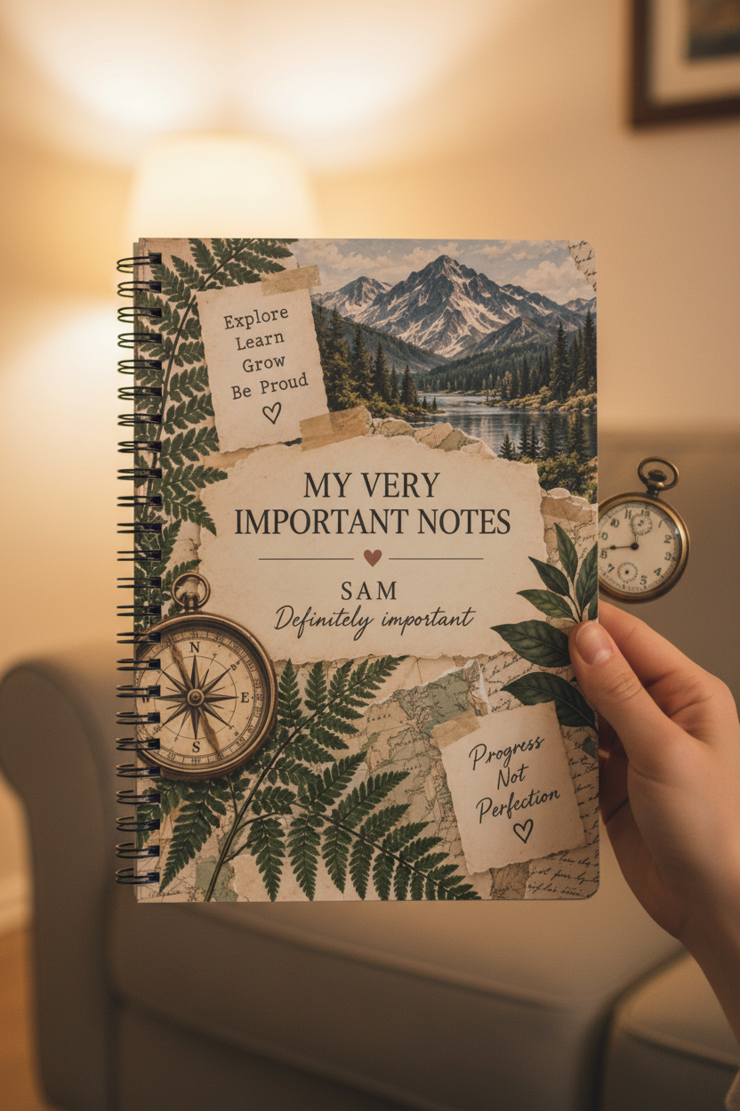 Zoomed-in UGC mockup of the Sam notebook in a cosy room
