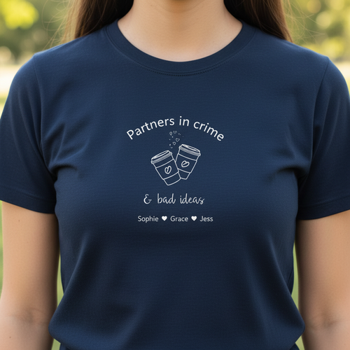 Navy crewneck T-shirt with “Partners in crime & bad ideas” graphic on chest