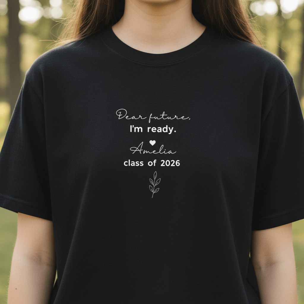Black graduation T-shirt with 'Dear future, I'm ready' and class of 2026 front print