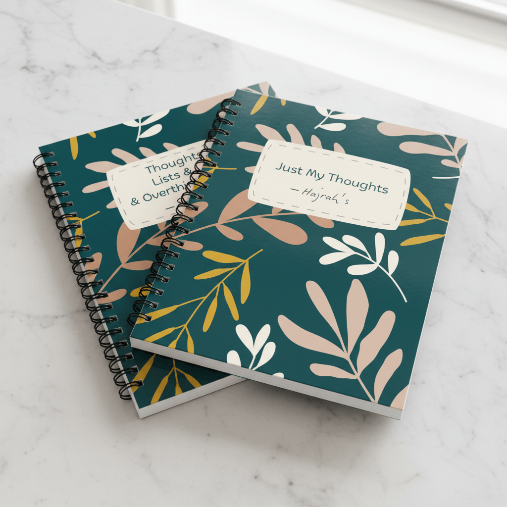A5 spiral notebook with teal leaf patterned cover and overlapping white title labels