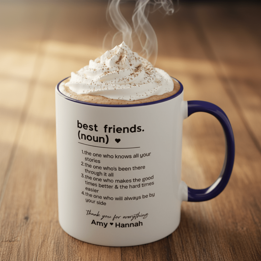 Personalised friendship mug with dark blue handle, 'best friends' quote and name