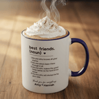 Personalised friendship mug with dark blue handle, 'best friends' quote and name