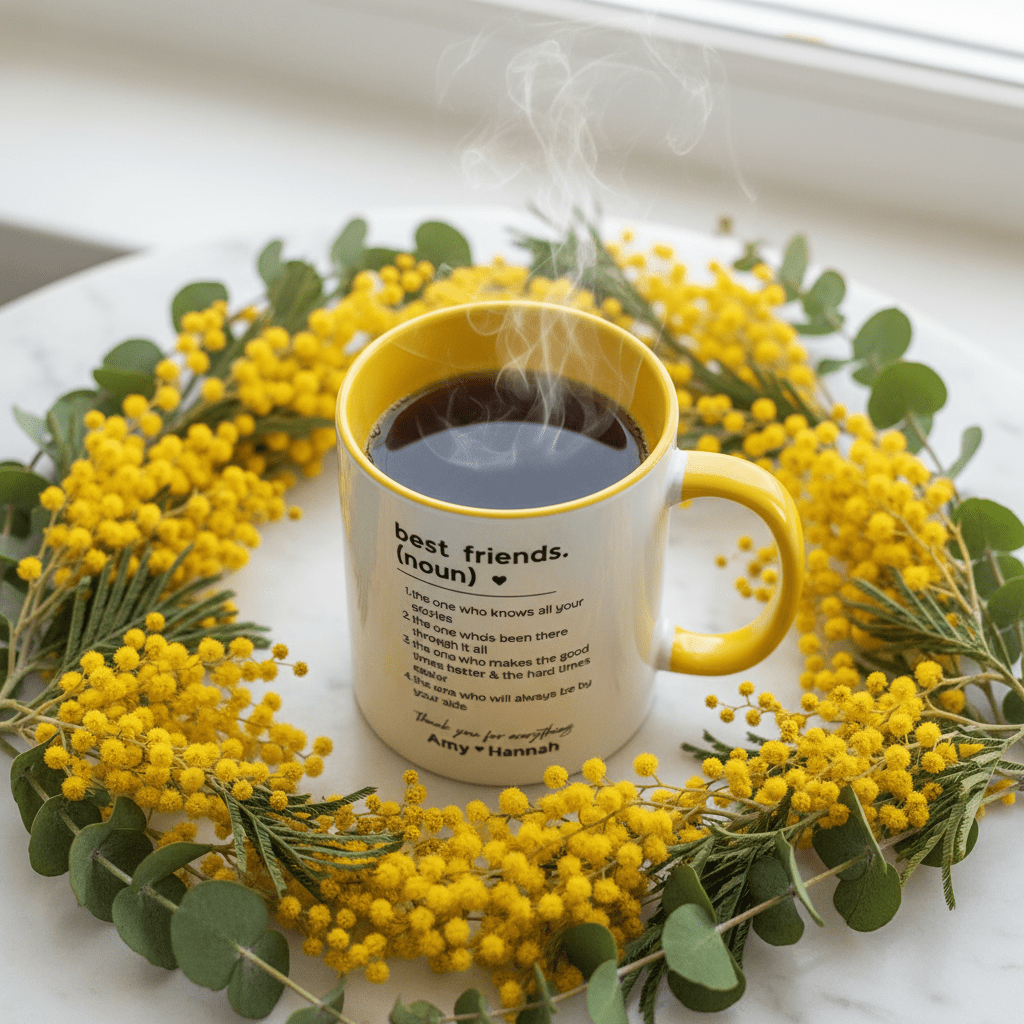 Personalised friendship mug with yellow handle, 'best friends' quote, and name