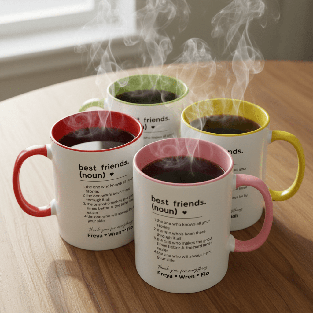 Personalised friendship mugs, white with red, pink, yellow and green inner rims