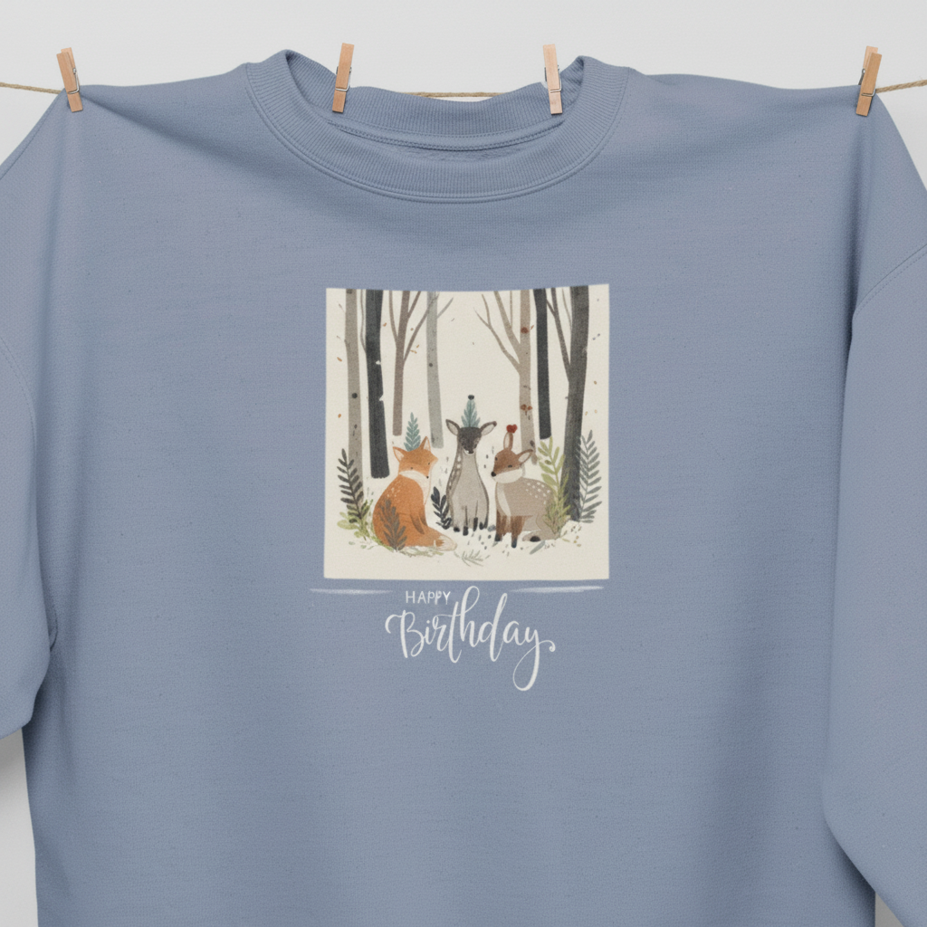 Light blue sweatshirt front close-up with woodland animals Happy Birthday print and crew neck